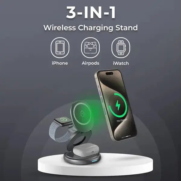 3-in-1 wireless charging stand with smartphone, AirPods, and smartwatch on a dark background
