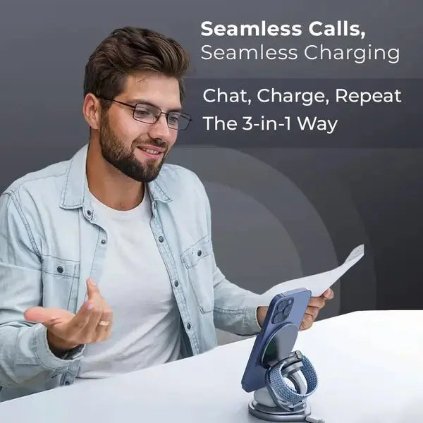 Man using a phone with a stand, text about seamless calls and charging.