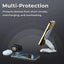 Multi-device charging stand with text about multi-protection features on a dark background