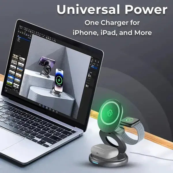 Universal power charger with laptop and devices on a gray background