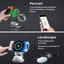 Two charging stands with text explaining portrait and landscape modes on a dark background.