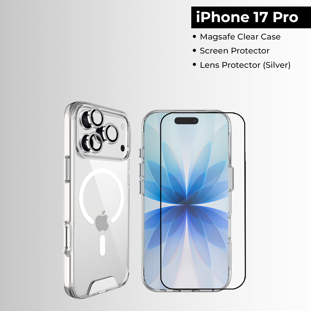 مجموعة iPhone 17 Pro [جراب Magsafe شفاف، واقي شاشة، واقي عدسة (فضي)]
