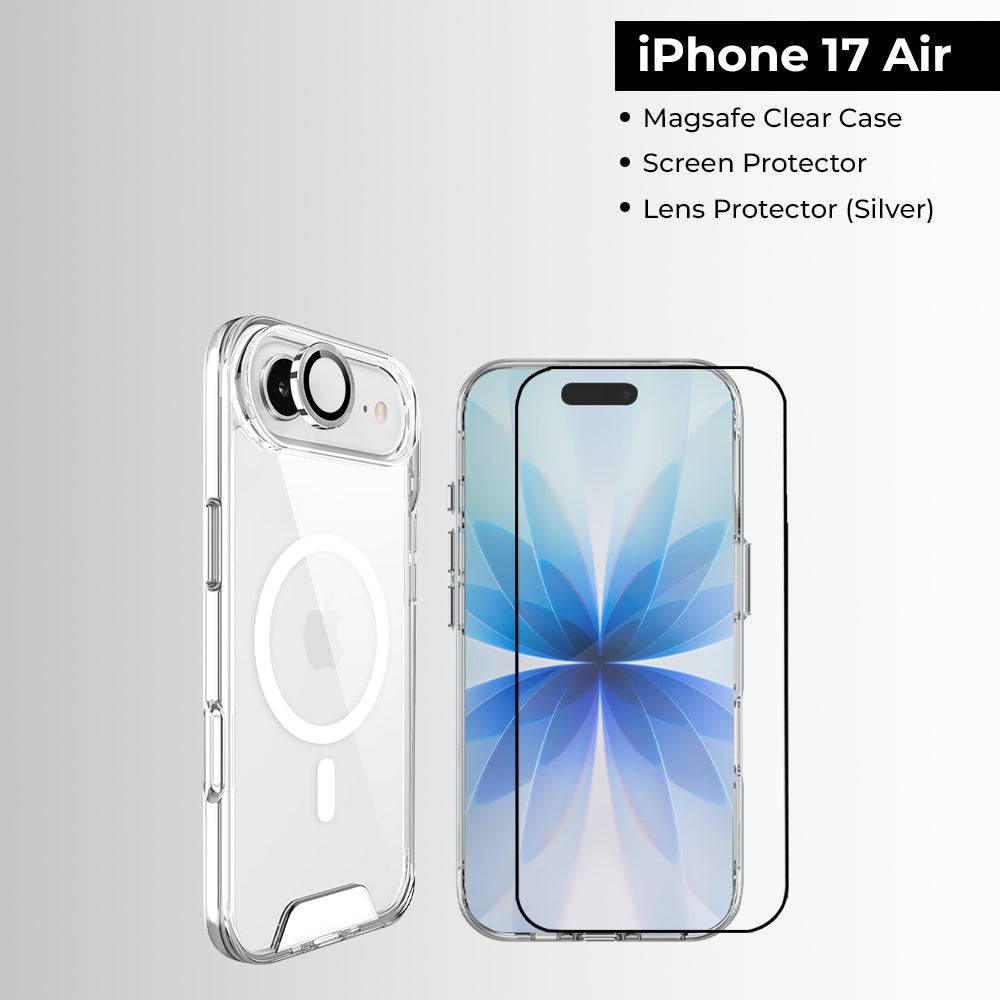 مجموعة iPhone 17 Air [جراب Magsafe شفاف، واقي شاشة، واقي عدسة (فضي)]
