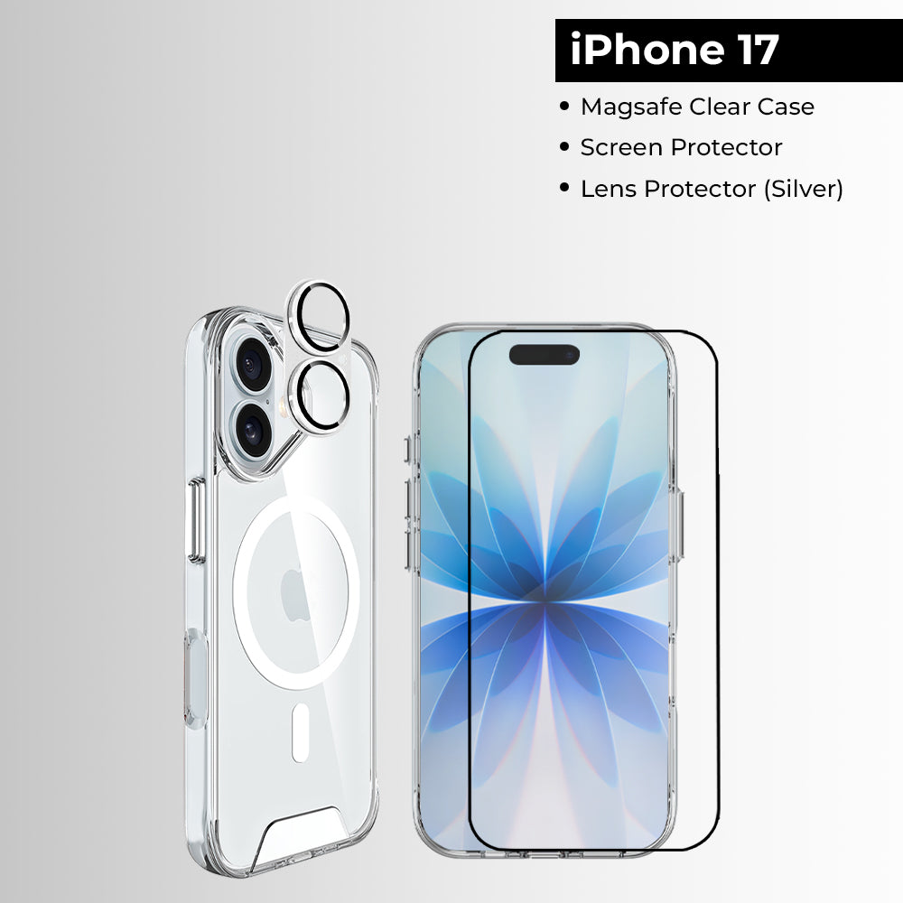 مجموعة iPhone 17 [جراب Magsafe شفاف، واقي شاشة، واقي عدسة (فضي)]