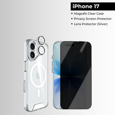 iPhone 17 Bundle [Magsafe Clear Case, Privacy Screen Protector, Lens Protector (Silver)]
