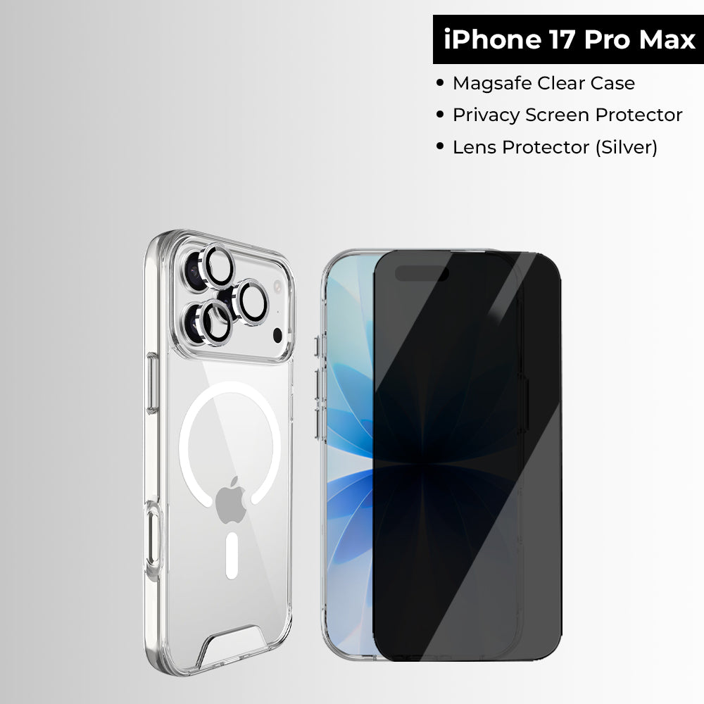 مجموعة iPhone 17 Pro Max [جراب Magsafe شفاف، واقي شاشة للخصوصية، واقي عدسة (فضي)]