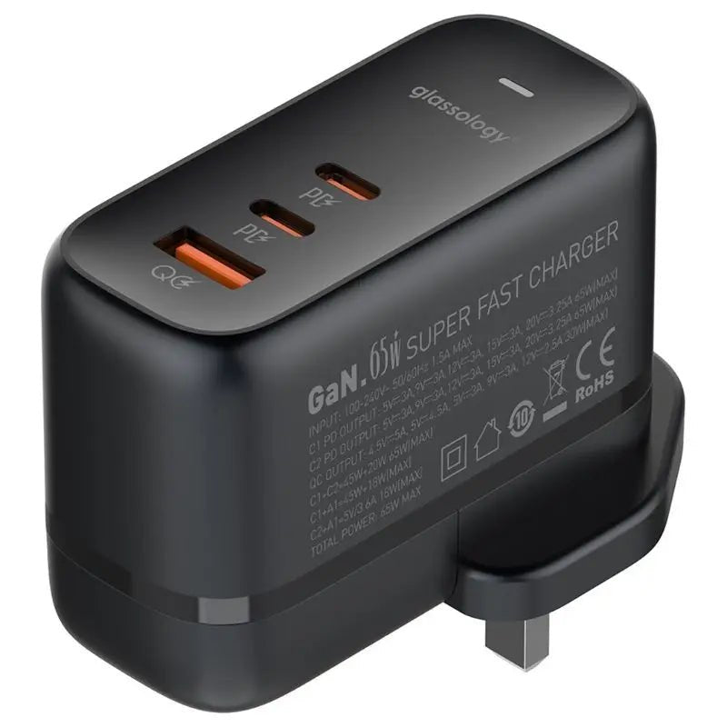 3 Ports 65W GaN USB-C Super Fast Charging Travel Power - GLASSOLOGY