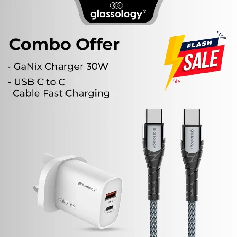 30W GaN Charger with 65W USB - C to C Cable | Compact Fast Charging Adapter - GLASSOLOGY