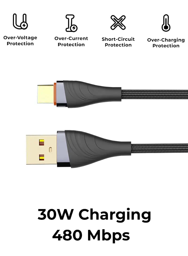 30W USB - A to Type - C Braided Fast Charging Cable – 1M Grey - GLASSOLOGY