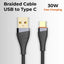 30W USB - A to Type - C Braided Fast Charging Cable – 1M Grey - GLASSOLOGY