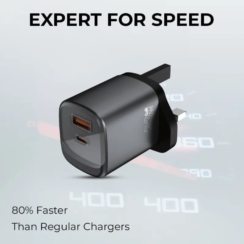 33W Dual - Port Fast Charger (USB - C + USB - A) with USB - C Cable | Fast Charging Adapter - GLASSOLOGY