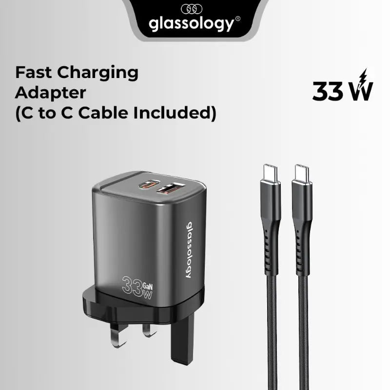 33W Dual - Port Fast Charger (USB - C + USB - A) with USB - C Cable | Fast Charging Adapter - GLASSOLOGY