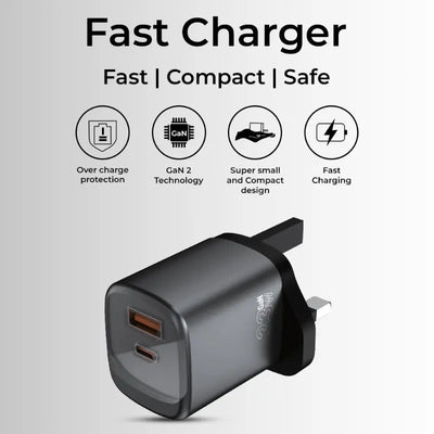 33W Dual - Port Fast Charger (USB - C + USB - A) with USB - C Cable | Fast Charging Adapter - GLASSOLOGY