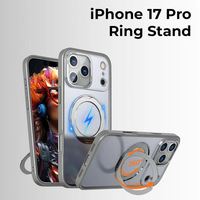 Phone case with ring stand feature on a gray background