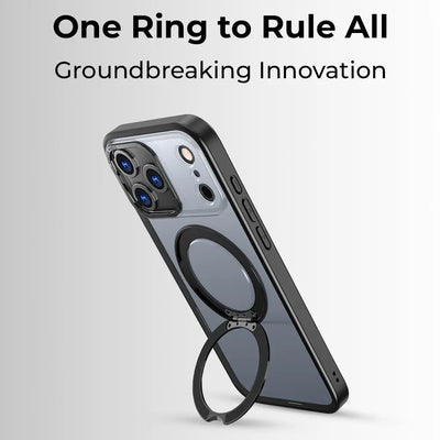 Phone case with ring holder on a gray background with text 'One Ring to Rule All' and 'Groundbreaking Innovation'.