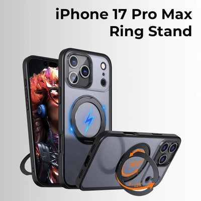 Phone case with ring stand feature for iPhone 17 Pro Max on a gray background