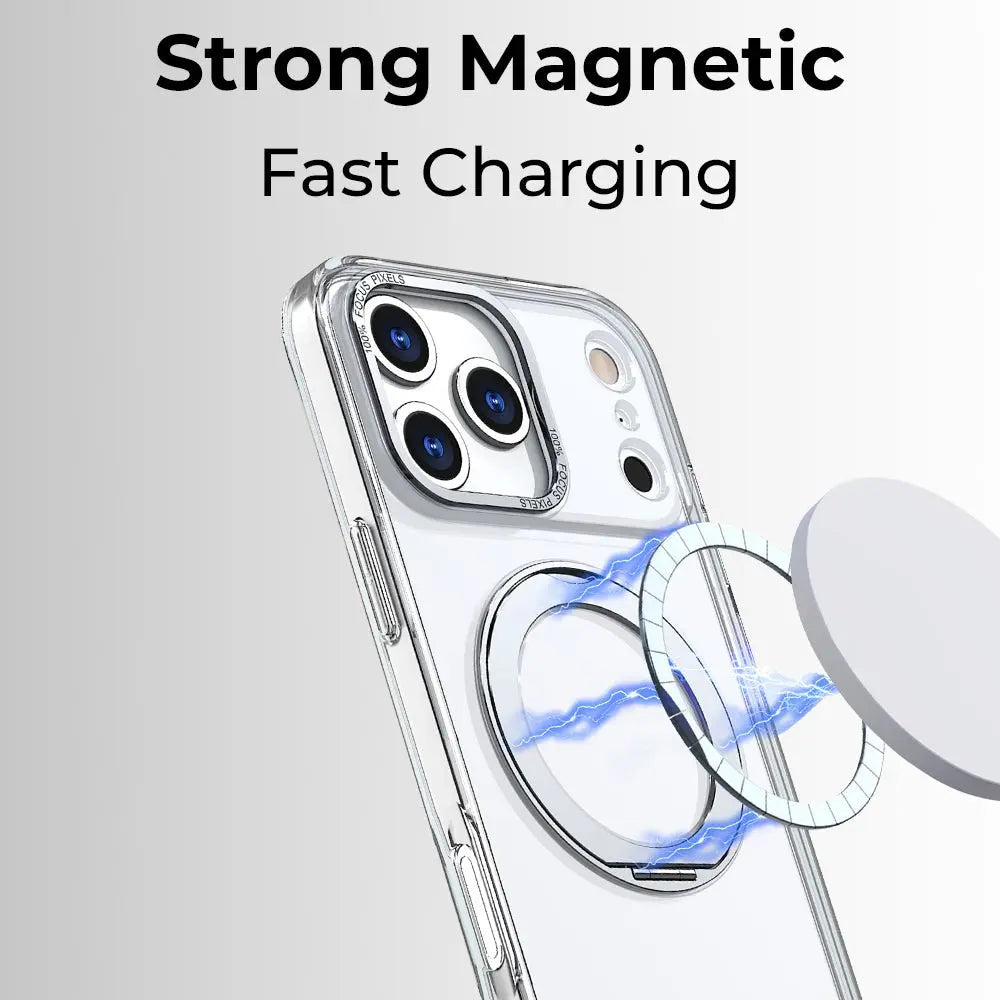 Phone case with magnetic feature and text 'Strong Magnetic Fast Charging' on a gray background
