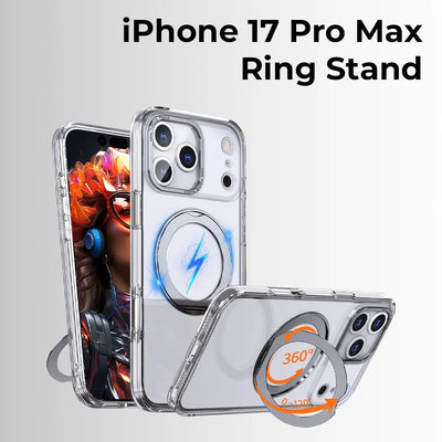 Phone case with ring stand feature for iPhone 17 Pro Max on a light gray background