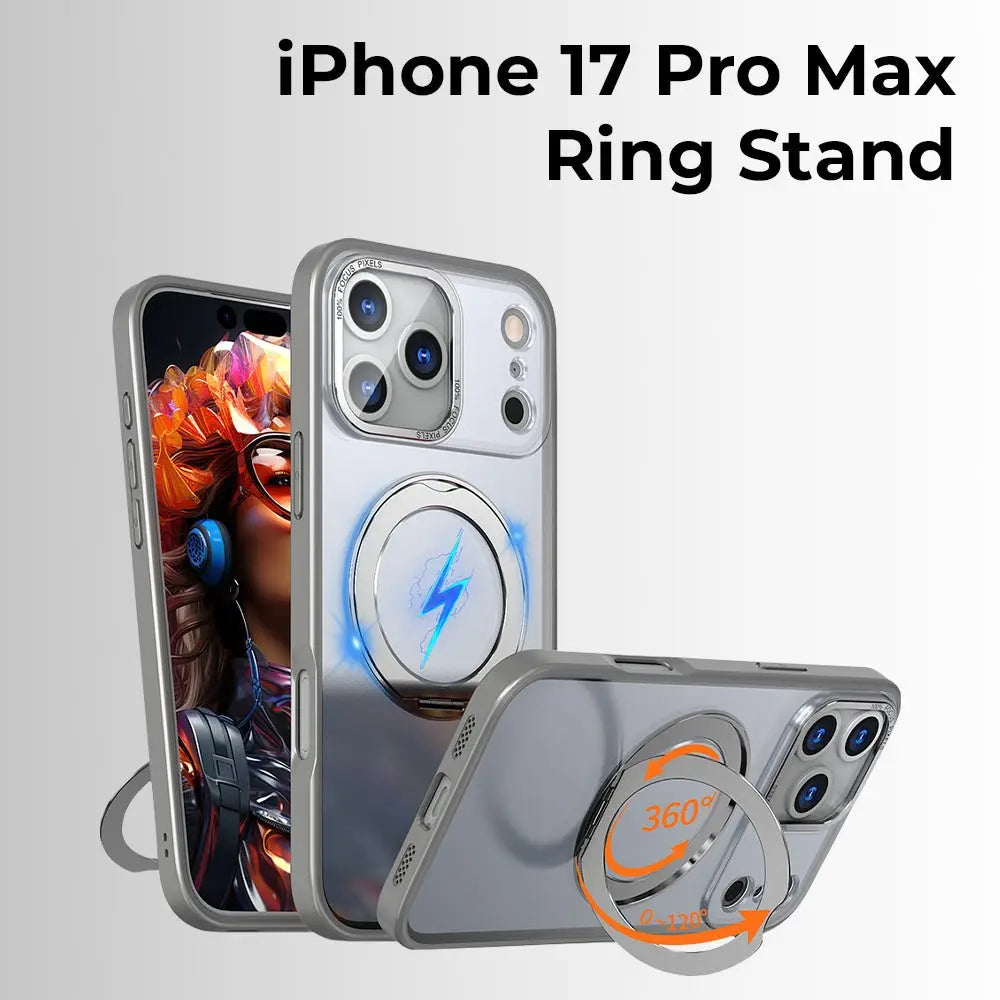 Phone case with ring stand feature for iPhone 17 Pro Max on a light gray background