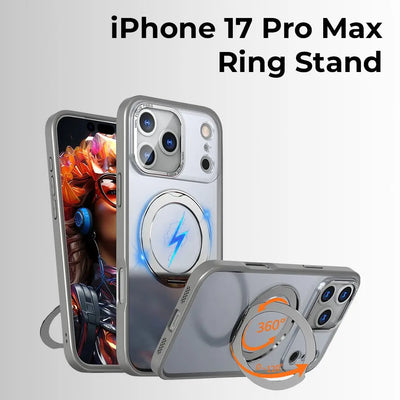 Phone case with ring stand feature for iPhone 17 Pro Max on a light gray background