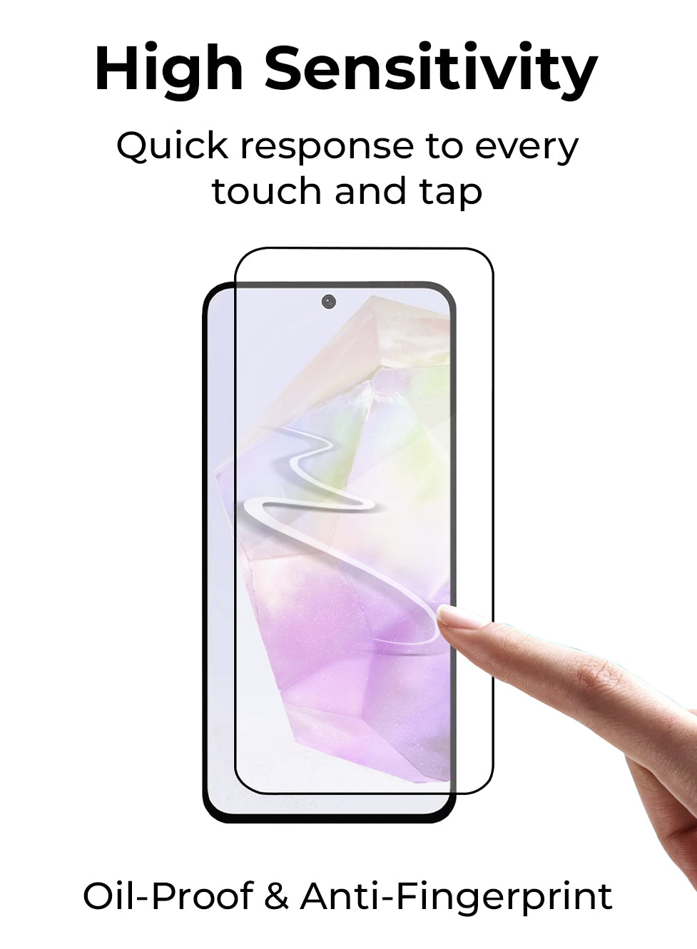 Smartphone screen with a finger touching it, highlighting high sensitivity and oil-proof & anti-fingerprint features.