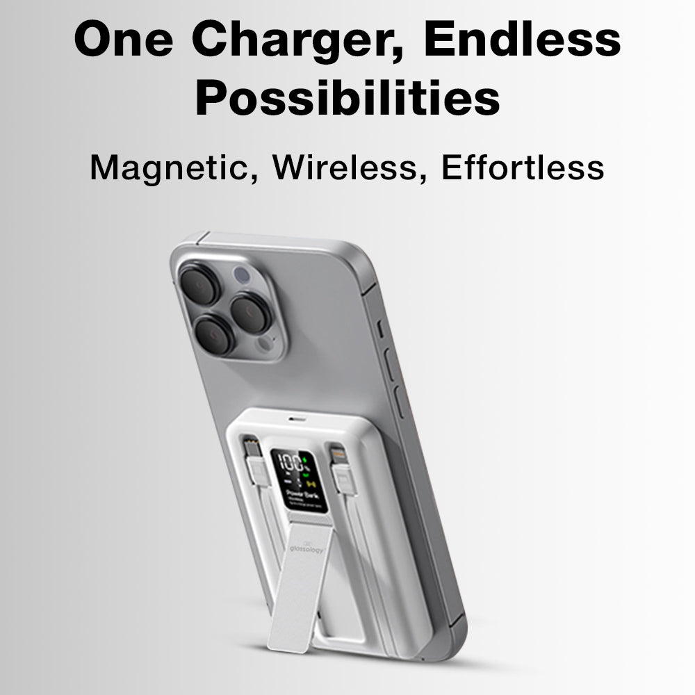 Glassology 10000mAh MagSafe Power Bank with Foldable Stand & Cable (White)