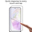 Smartphone screen with a finger touching it, highlighting high sensitivity and oil-proof & anti-fingerprint features.