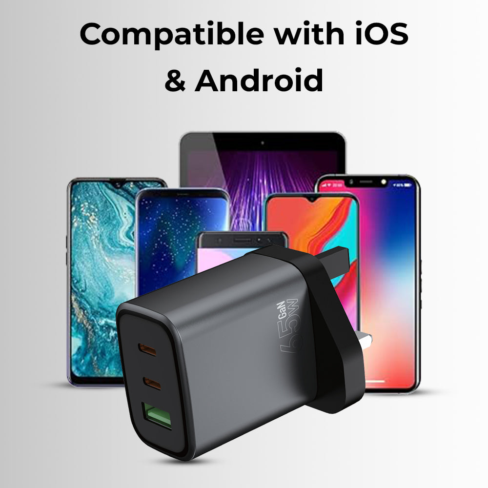 65W GaN Triple-Port Charger (2C + A) with USB-C Cable