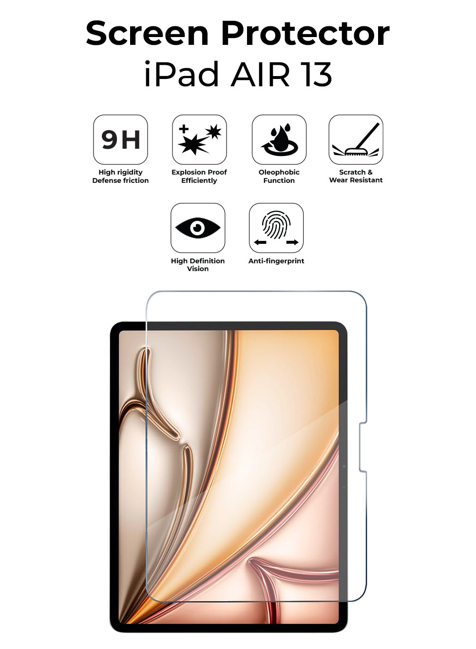 Screen protector for iPad Air 13 with features listed on a white background
