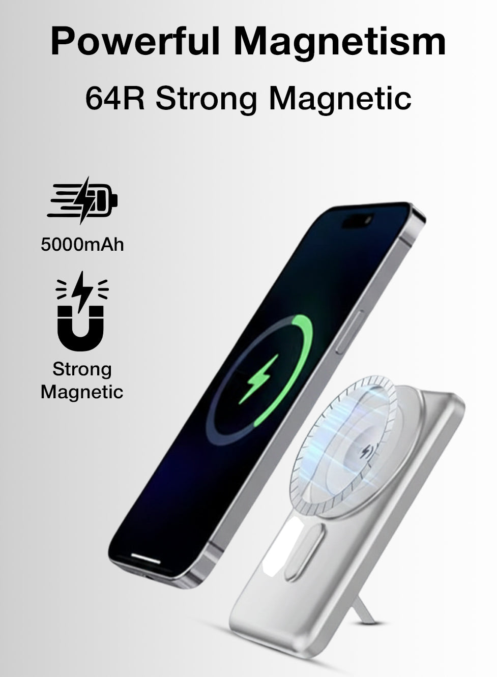 Phone with a magnetic stand and text highlighting features on a white background
