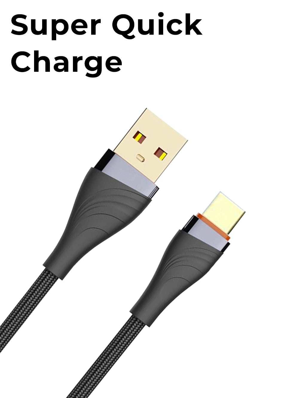 Black charging cable with USB and micro USB connectors on a white background, labeled 'Super Quick Charge'.