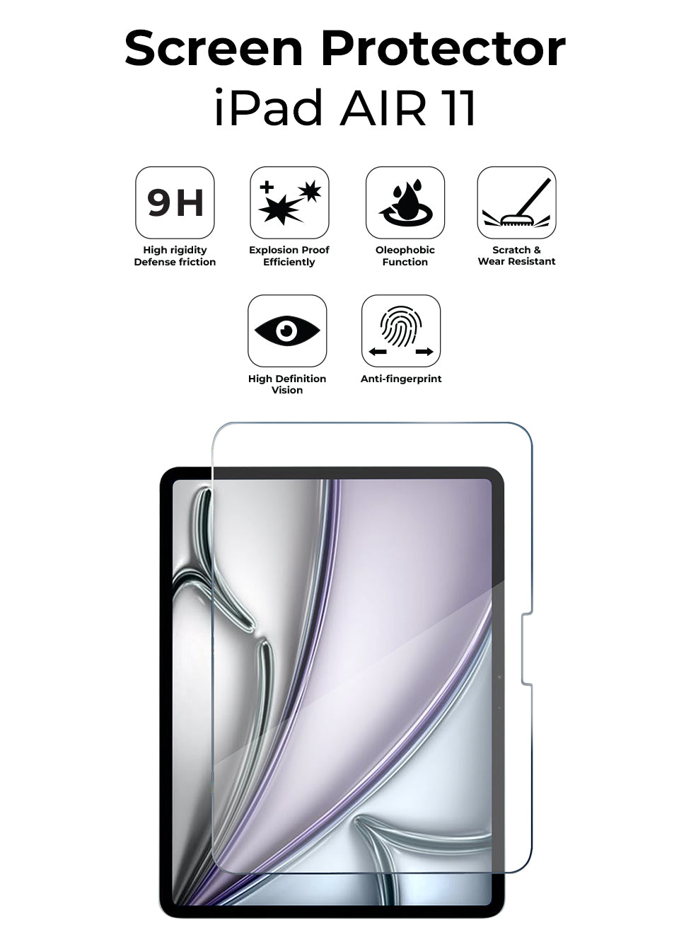 Screen protector for iPad Air 11 with features listed on a white background