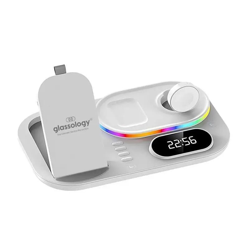 4-in-1 Wireless Magnetic Charging Stand with Clock - White - GLASSOLOGY