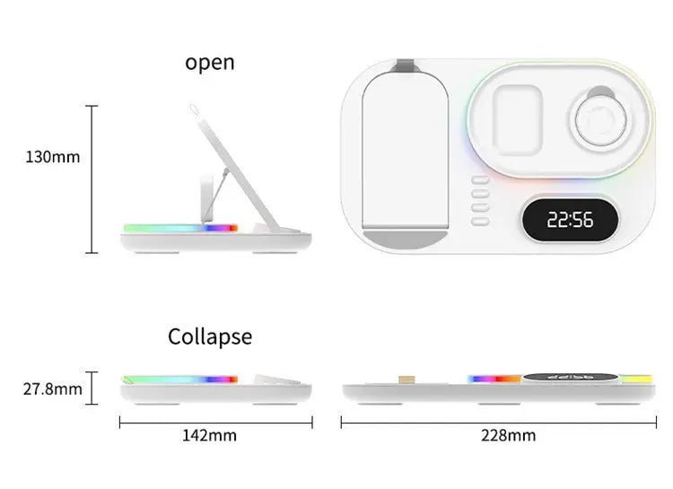 4-in-1 Wireless Magnetic Charging Stand with Clock - White - GLASSOLOGY