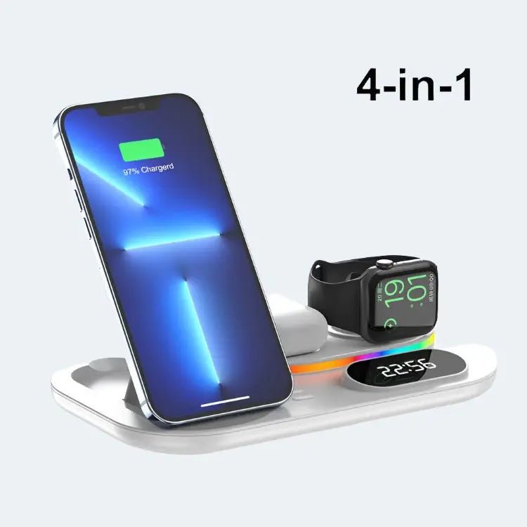 4-in-1 Wireless Magnetic Charging Stand with Clock - White - GLASSOLOGY