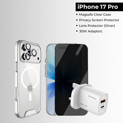 iPhone 17 Pro Bundle [Magsafe Clear Case, Privacy Screen Protector, Lens Protector (Silver), 30W Adaptor]