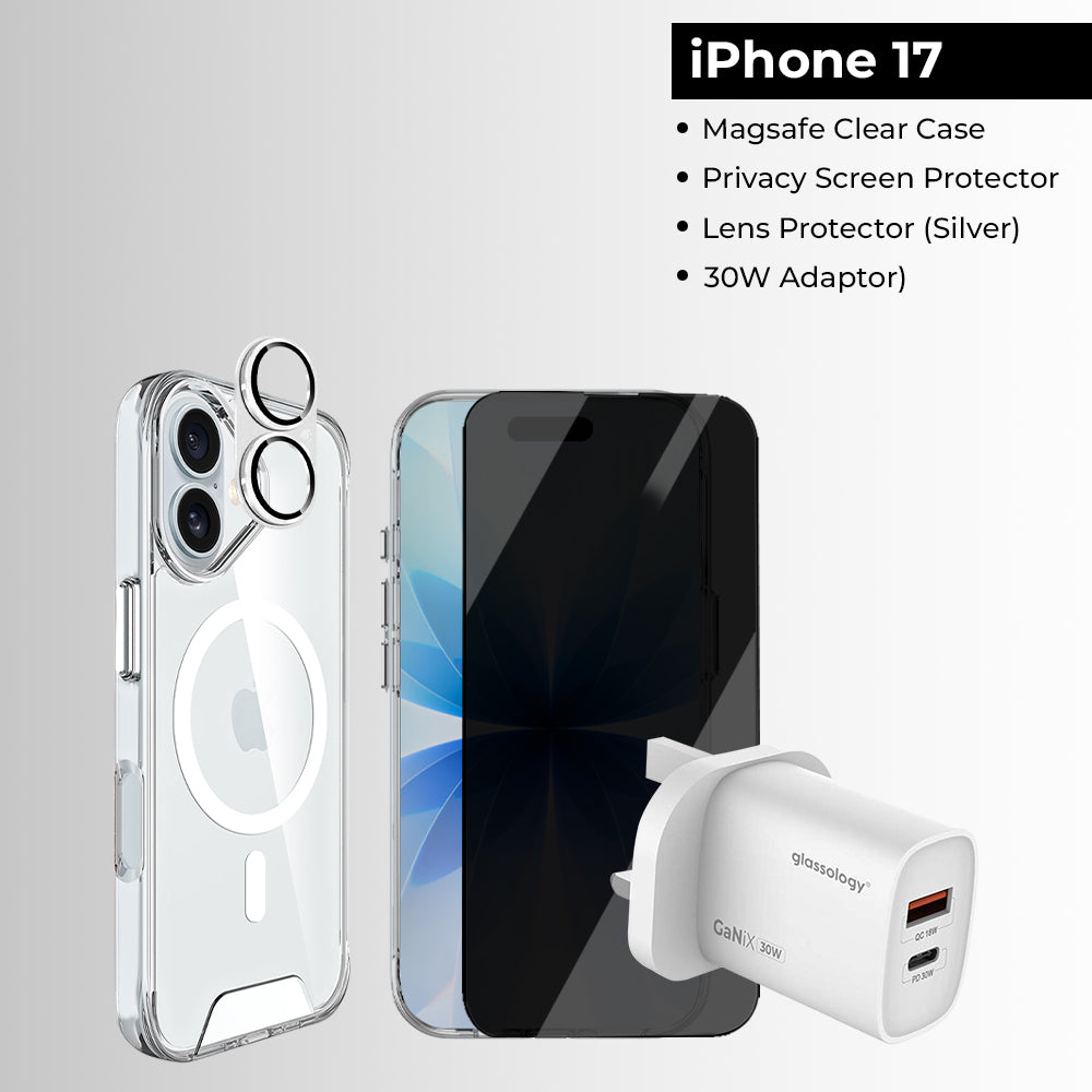 iPhone 17 Bundle [Magsafe Clear Case, Privacy Screen Protector, Lens Protector (Silver), 30W Adaptor]