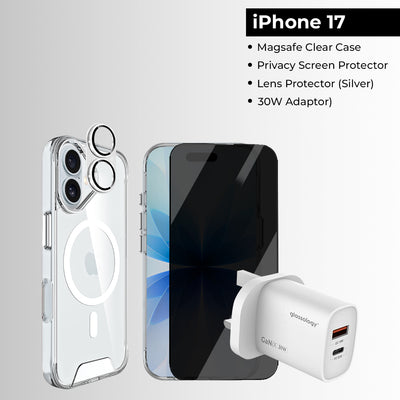 iPhone 17 Bundle [Magsafe Clear Case, Privacy Screen Protector, Lens Protector (Silver), 30W Adaptor]