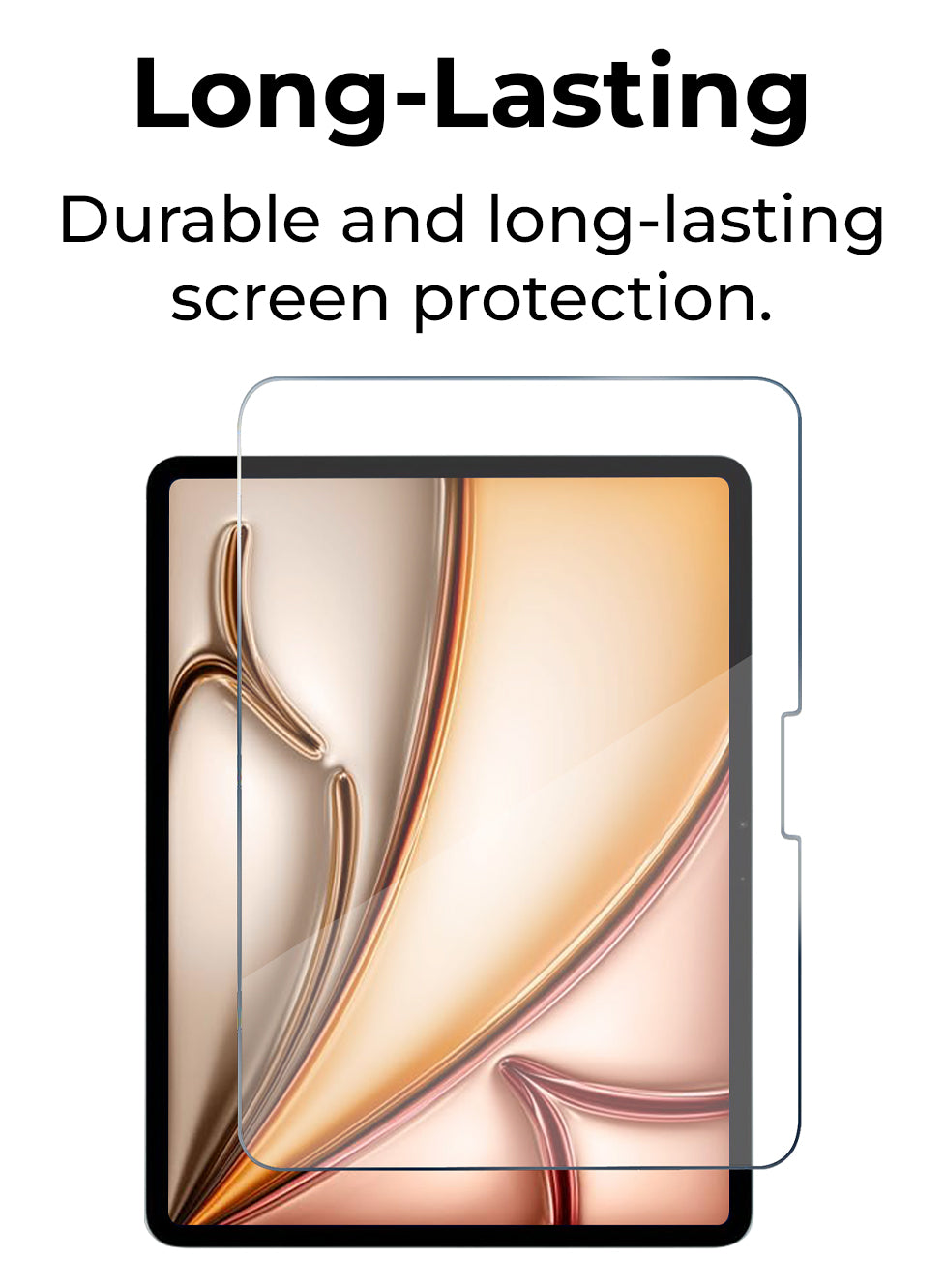 Screen protector with text 'Long-Lasting Durable and long-lasting screen protection.' on a white background