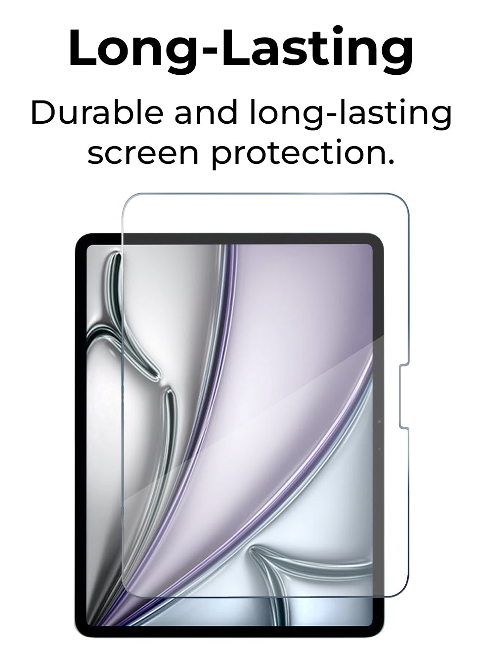 Screen protector with text 'Long-Lasting Durable and long-lasting screen protection.' on a white background
