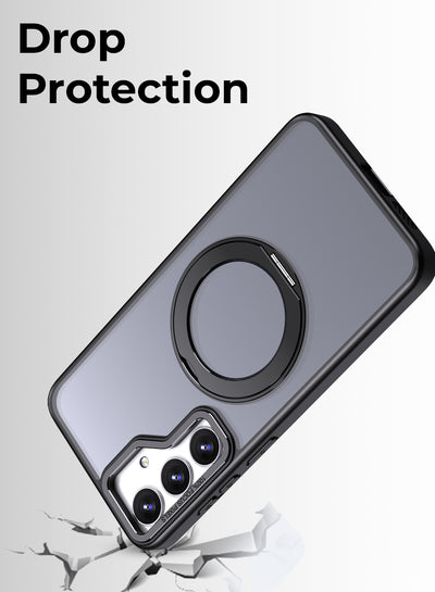 جراب مغناطيسي بحامل حلقي دوار 360 درجة لهاتف Samsung Galaxy S25 FE - أسود مقاوم للصدمات ومتوافق مع حامل مغناطيسي