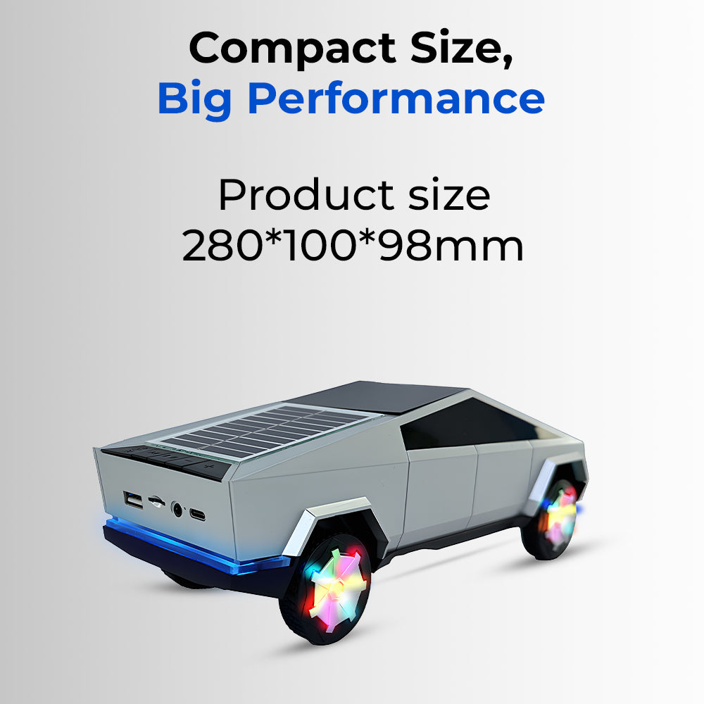 Glassology Charome Cybertruck Solar Speaker – 10W Power, Solar Charging, LED Light, FM Radio, Bluetooth Stereo, AUX & TF Card Support (Silver)