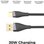 USB cable with protective features and specifications on a white background