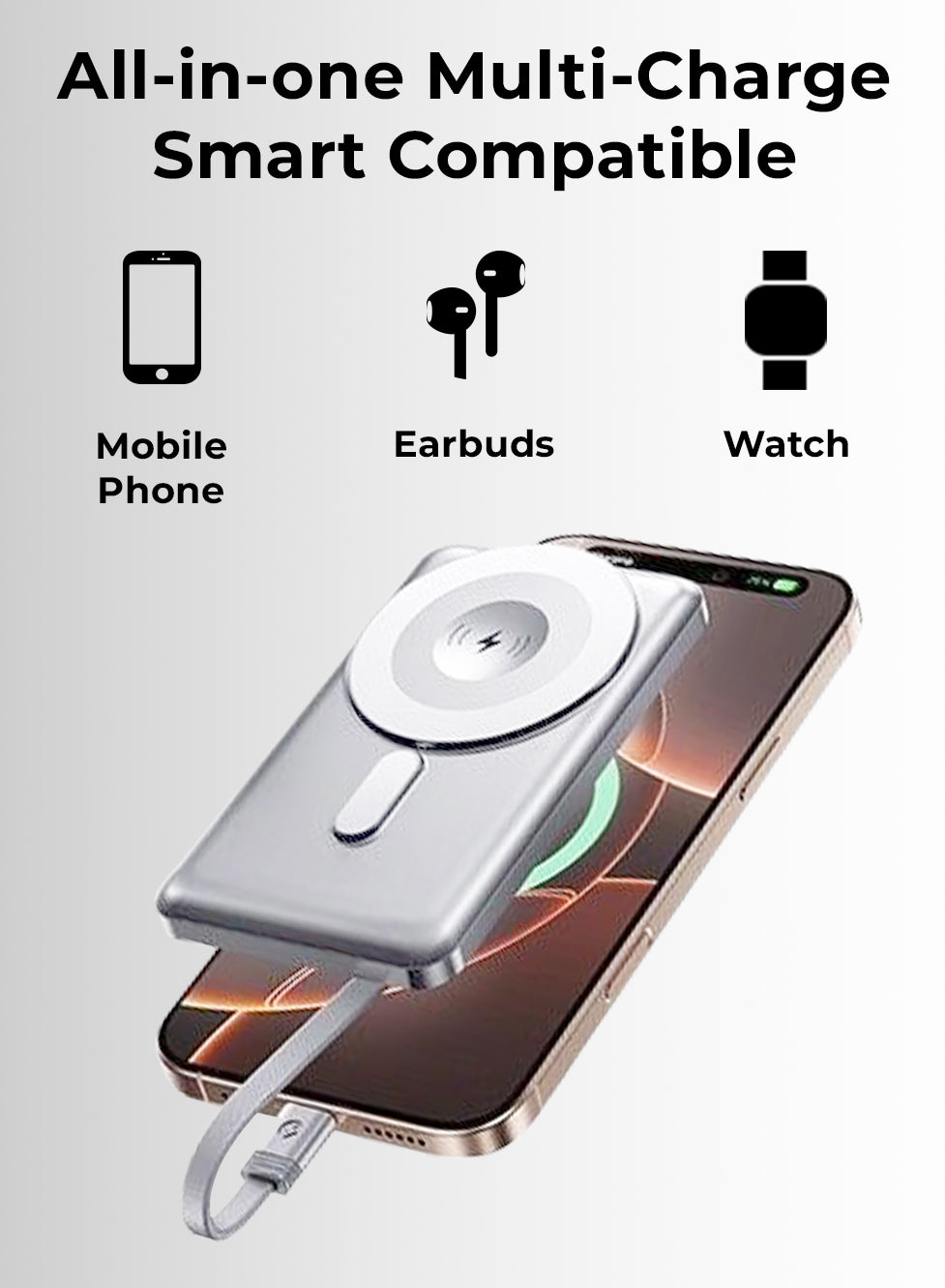 Multi-device charging station compatible with mobile phone, earbuds, and watch on a white background.