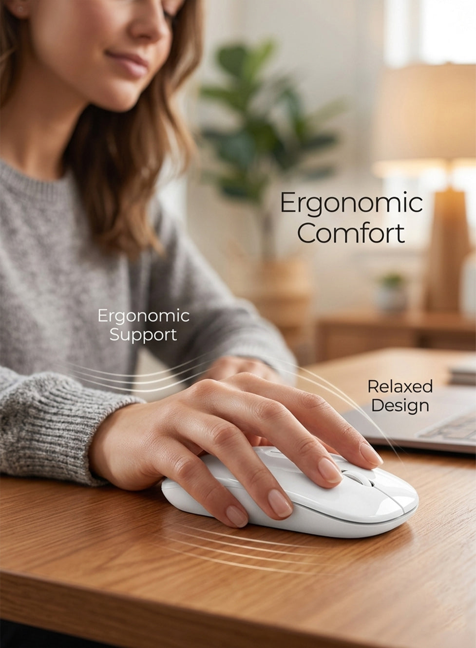 Person using a computer mouse with ergonomic support and relaxed design text overlay