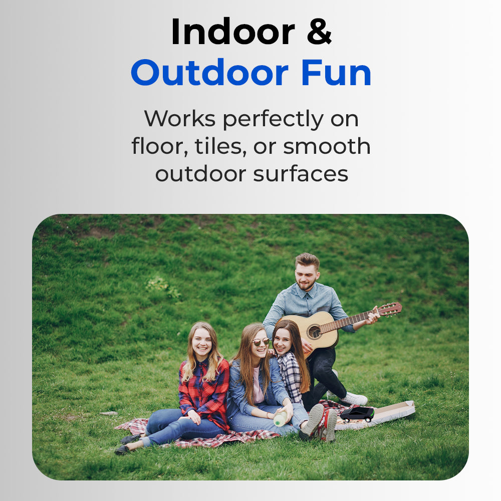 People sitting on a blanket in a grassy area with text about indoor and outdoor use.