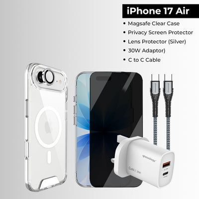 iPhone 17 Air Bundle [Magsafe Clear Case, Privacy Screen Protector, Lens Protector (Silver), 30W Adaptor, C to C Cable]