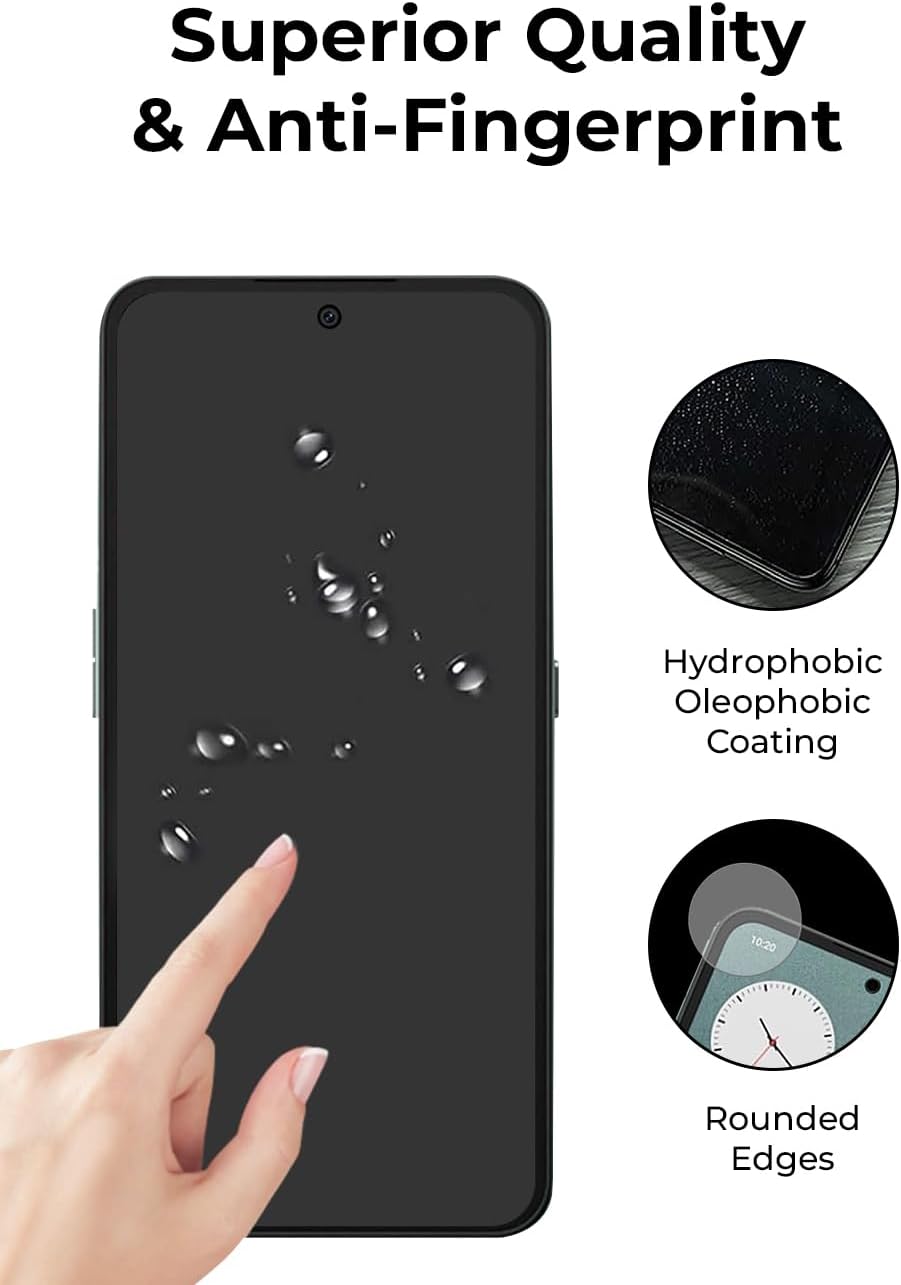 Smartphone with hydrophobic oleophobic coating and rounded edges, showing water droplets and a hand touch.