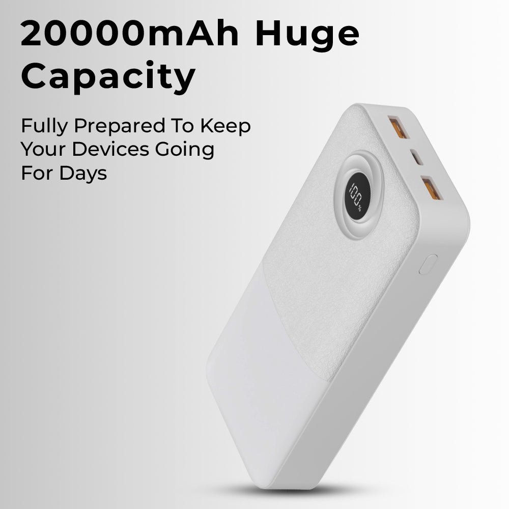 Glassology 20000mAh Power Bank (White) – Fast Charging | Dual USB |LCD Display