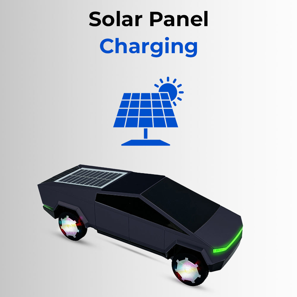 Black car with solar panel on roof and 'Solar Panel Charging' text on gray background